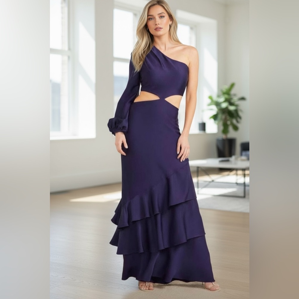 Guess by Marciano Jaime cut out one shoulder ruffle maxi dress Purple sz 0